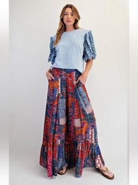 New: Easel Colorful Mixed Patchwork Palazzo Wide Leg Pants• Medium